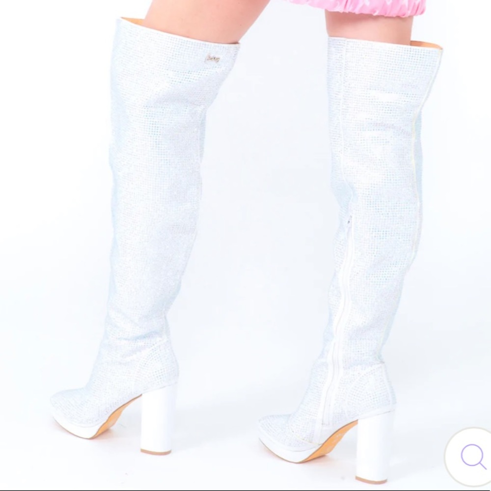 WHITE RHINESTONE THIGH HIGH BOOT